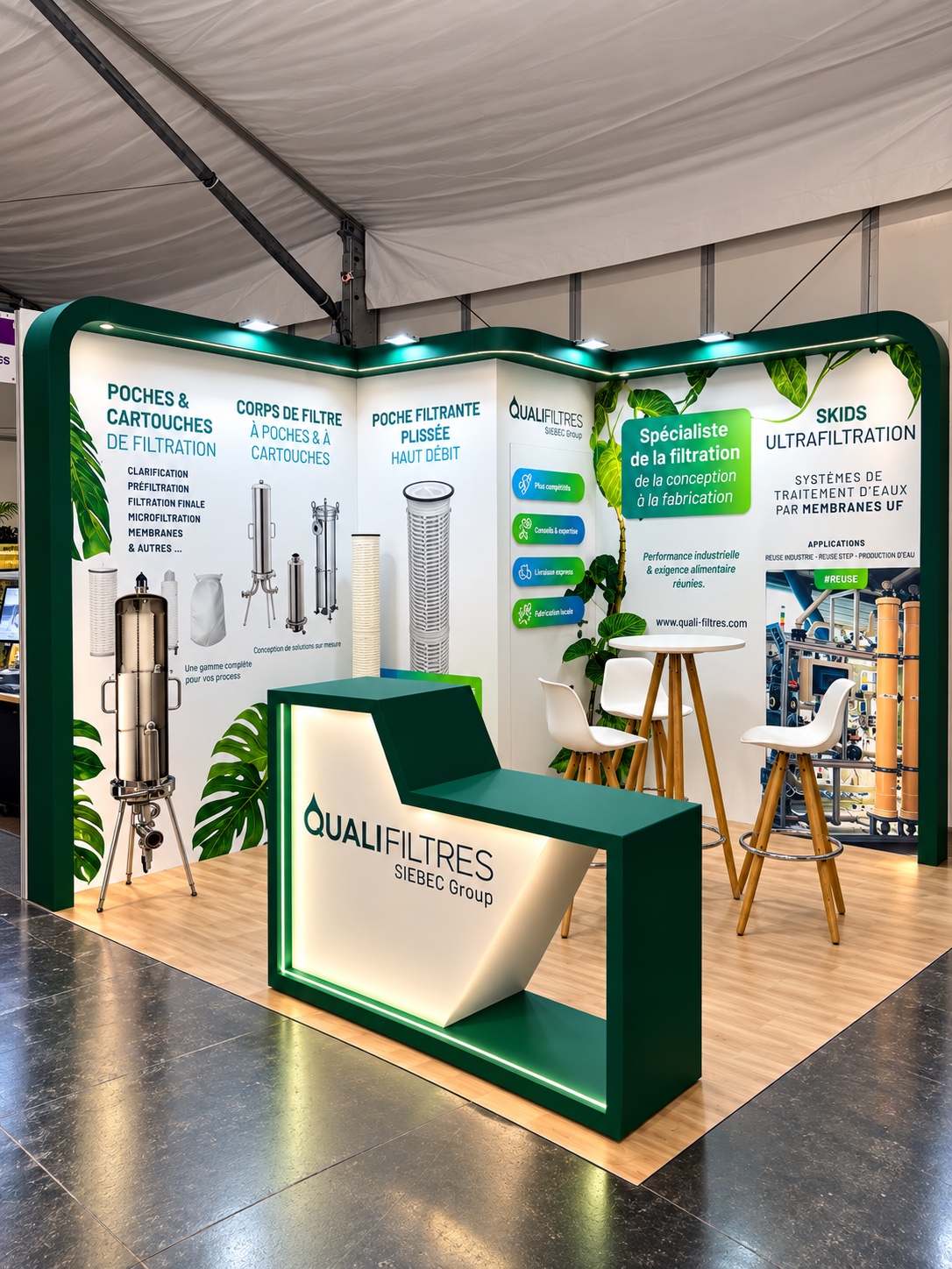 Stand vert Qualifiltres de 9 m² au CFIA Rennes réalisé par ADN Stand